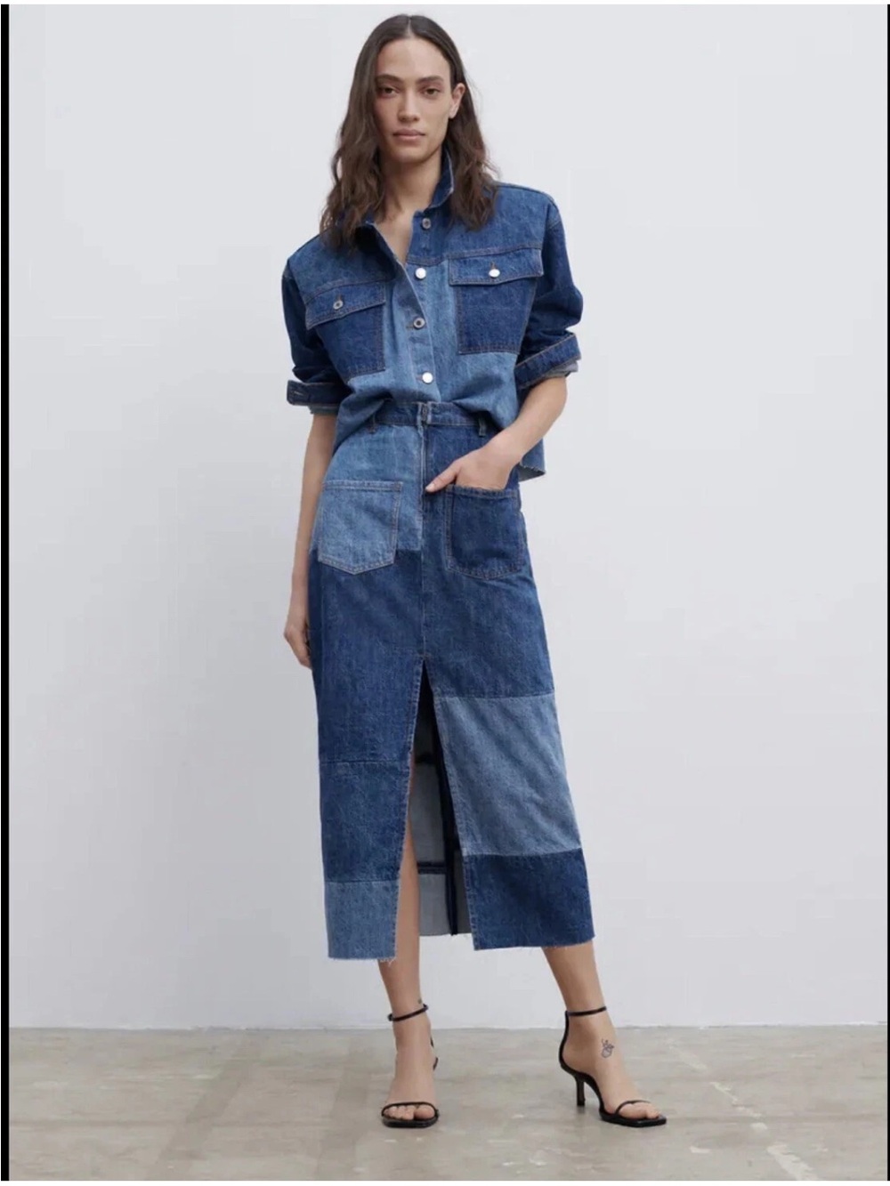 Zara The 90’s Skirt Color Blocking Denim Blue Patchwork XL Retro